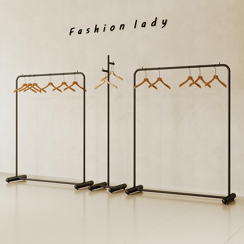 服装店货架简约铁艺黑色落地挂衣架童装陈列架奶白色女装店展示架