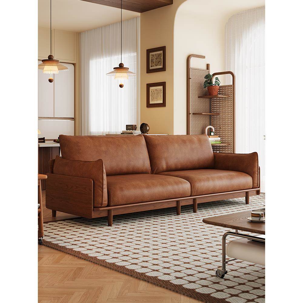 凯越中古风实木沙发油蜡皮客厅小户型日式原木风三人位真皮