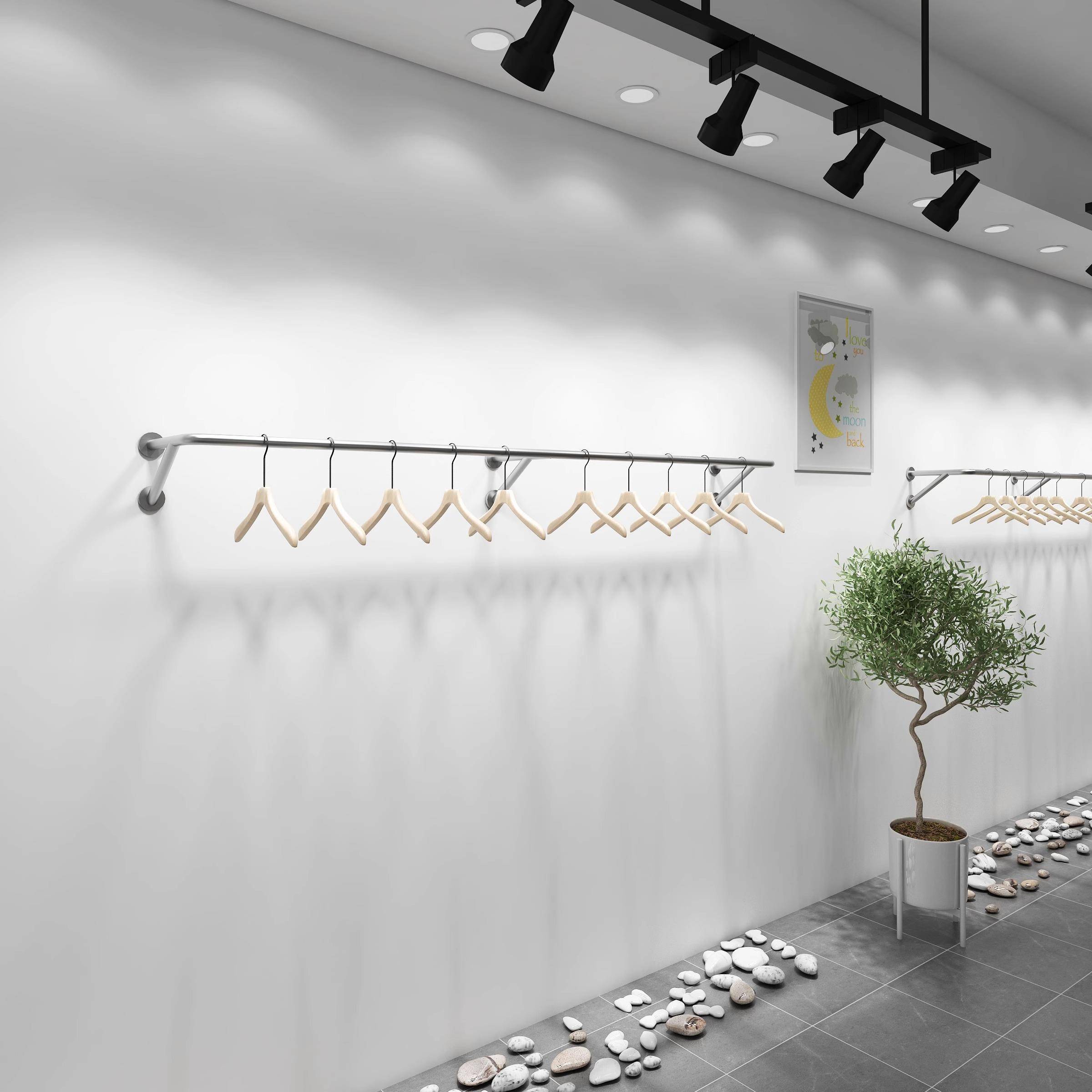 不锈钢拉丝银墙上壁挂式服装店展示架男女装店上墙架可定制挂衣架