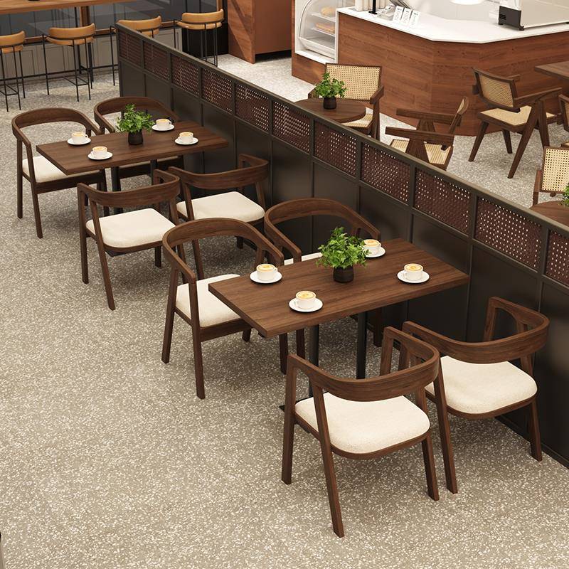 侘寂风复古实木藤编商用西餐厅桌椅组合咖啡厅酒吧休息区洽谈桌椅
