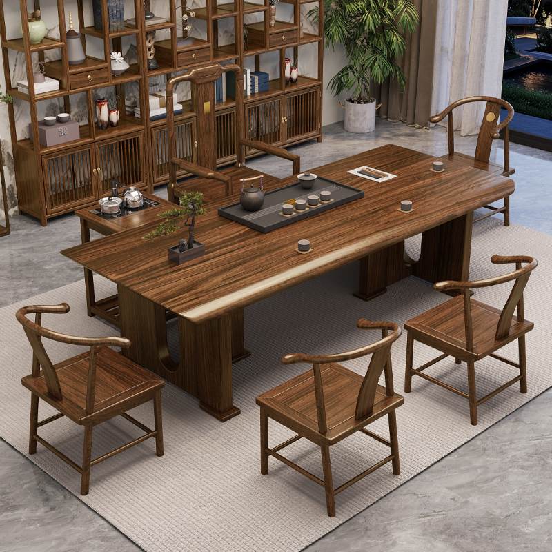 乌金木实木大板茶桌椅组合一桌五椅新中式原木茶几办公室干泡茶台