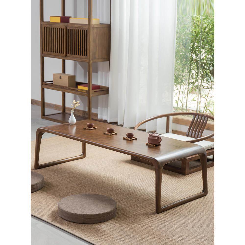 日式茶桌榆木榫卯家用坐地矮桌胡桃木禅意功夫中古风榻榻米茶几