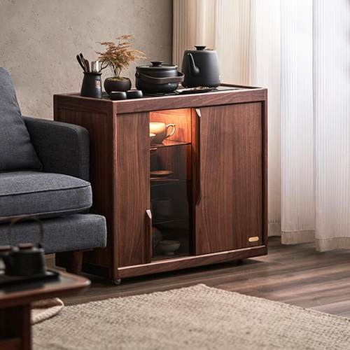 新中式茶水柜实木可移动沙发边柜客厅黑胡桃木展示柜茶桌煮茶茶台