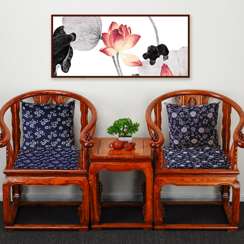 中式新古典中国风蓝印花布沙发坐垫全棉海绵加厚西餐桌椅垫