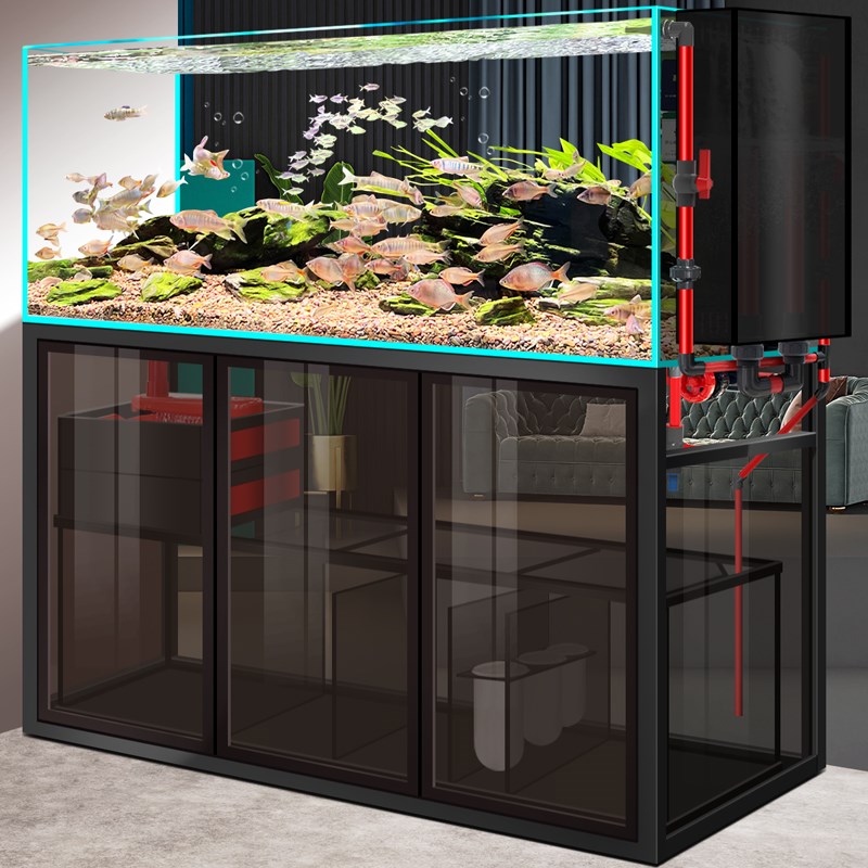 工业风溪流缸造景全套客厅大型鱼缸底滤超白玻璃原生态草缸水族箱