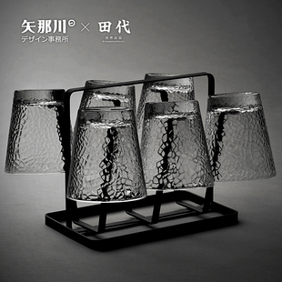 日式 锤纹玻璃杯套装 家用简约水杯清新森系ins茶杯带杯架杯子套装