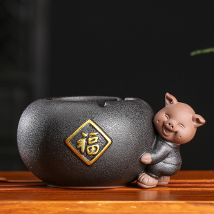 复古小猪茶宠摆件茶具配件家用客厅茶道礼品 陶瓷烟灰缸创意个性
