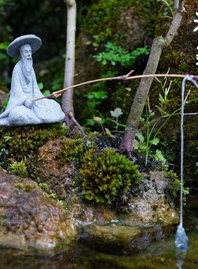 钓鱼翁小中式微缩景观造景装饰摆设假山盆景布景创意趣味