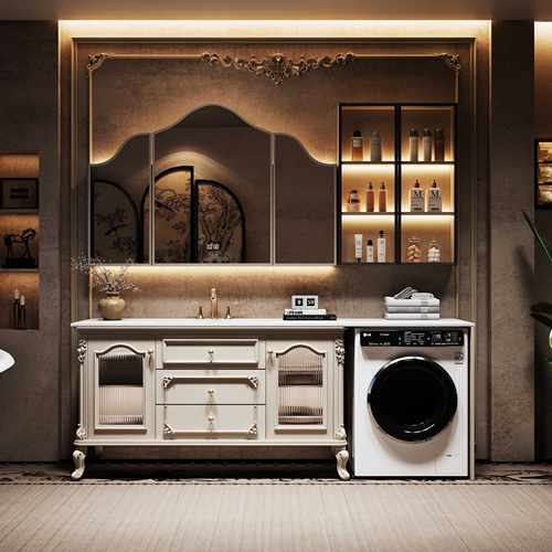 法式复古阳台洗衣机一体浴室柜组合橡木落地卫生间洗漱台洗手脸盆