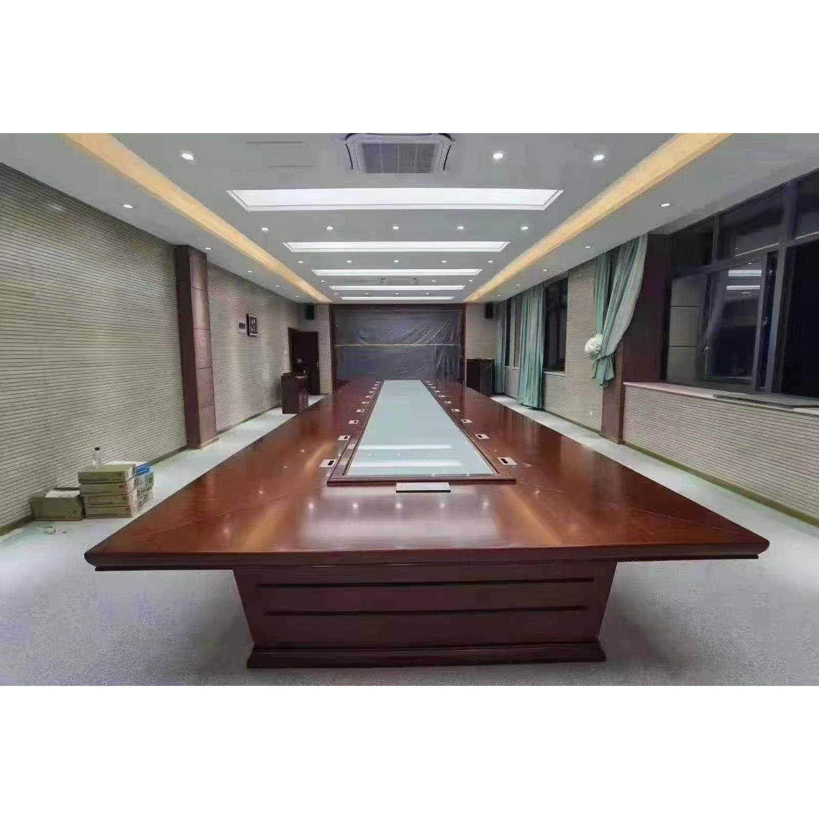 油漆烤漆大型会议桌新中式多人实木皮长方形谈判桌椅组合洽谈桌