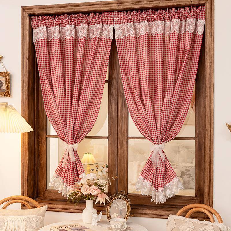 美式地中海蕾丝花边田园风小窗帘柜子防尘帘小清新红格子半帘门帘