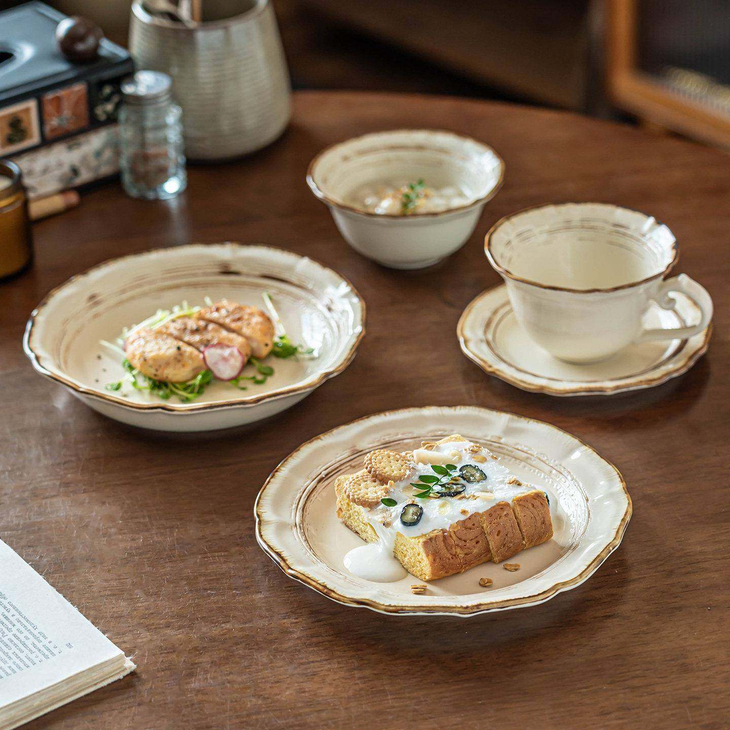 深盘家用法式复古陶瓷餐具套件浅盘咖啡杯碟米饭碗菜盘西餐牛排盘,餐饮具,盘,淘宝优惠券,粉丝福利购,淘宝优惠卷