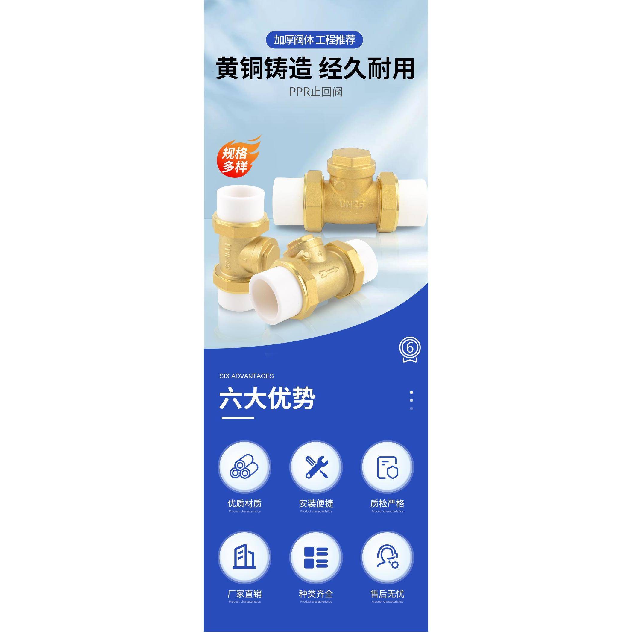 水平Ppr止回阀热熔双联铜单向阀4点6点3.0英寸25 32垂直水管配件