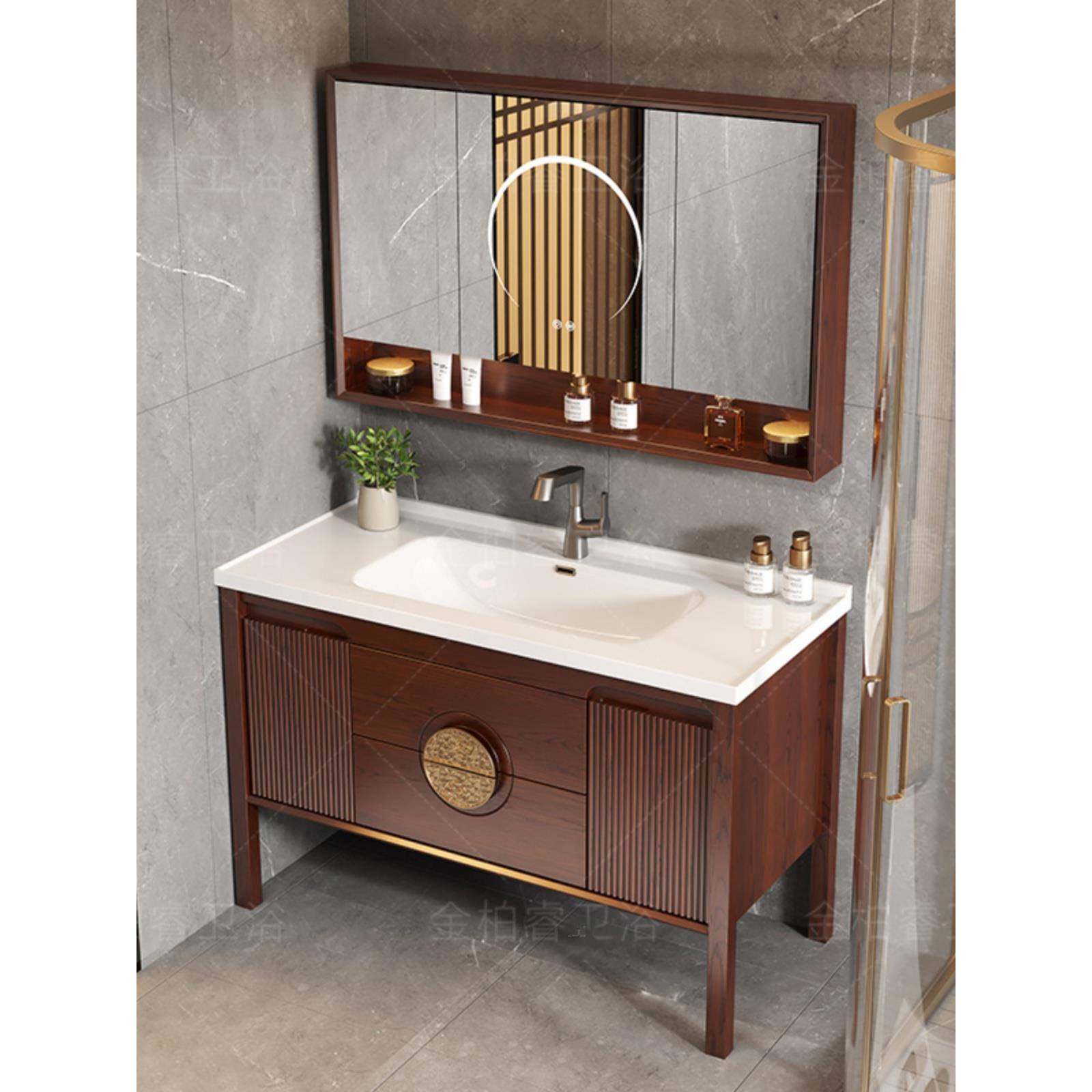 中式橡木浴室柜陶瓷一体盆2025新款落地式乌金木双盆洗手盆柜组合