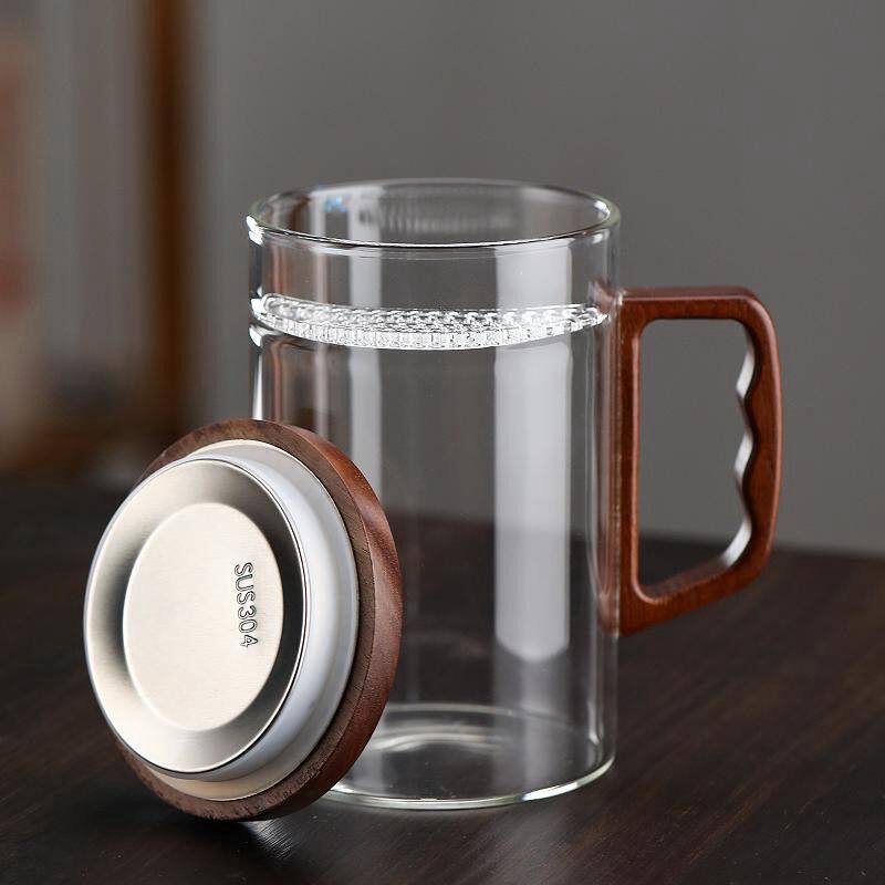 耐高温玻璃茶杯高硼硅材质绿茶杯月牙过滤一体泡茶杯家用木把杯子