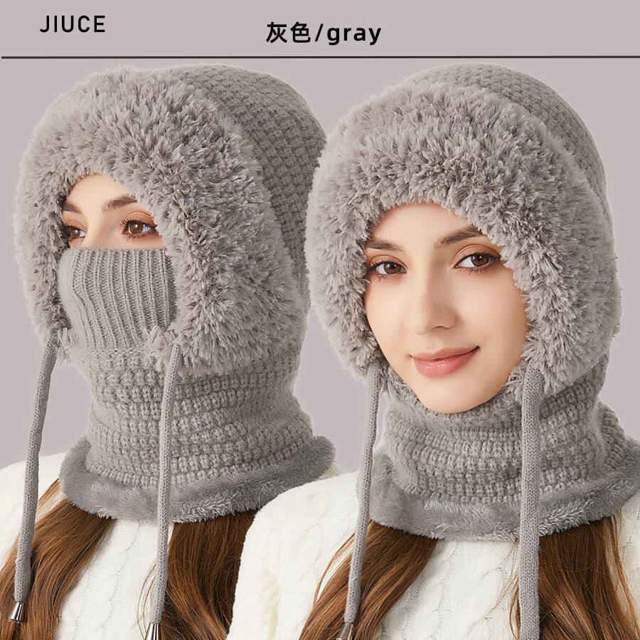 连体帽女冬季加绒加厚遮脸针织帽子围脖口罩一体挡风保暖防风大头