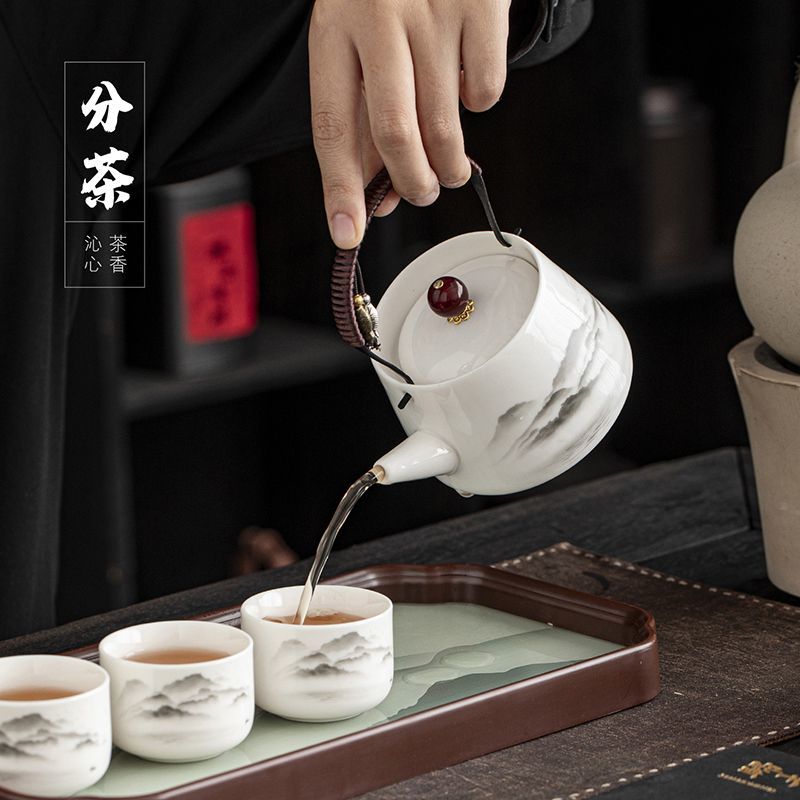 新款白瓷水墨江山旅行套组户外家用露营便携式带茶盘茶具全套