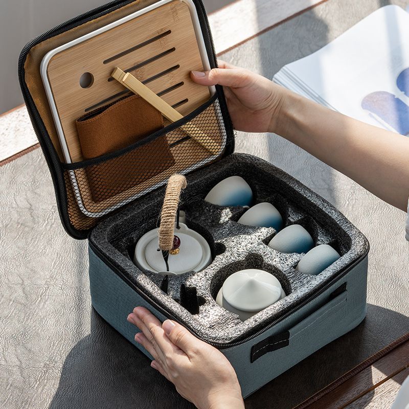 旅行茶具便携式提梁壶泡茶壶功夫茶具家用户外陶瓷茶杯中式小茶盘