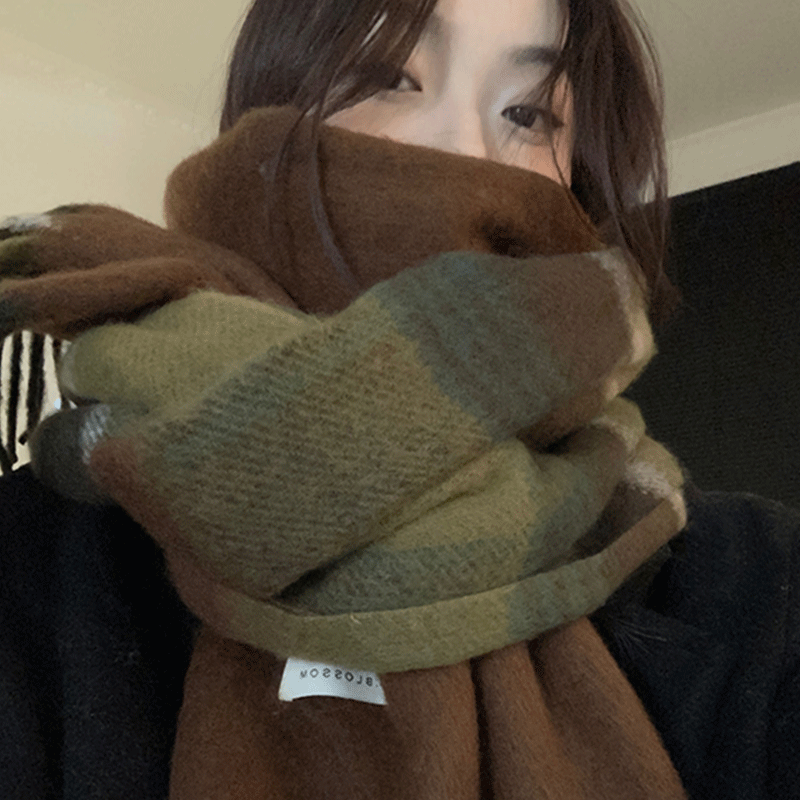 拼色复古流苏围巾女冬季2025新款高级感百搭加厚保暖围脖护颈学生