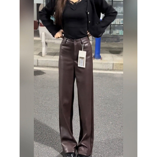 女裤 咖啡色2026新款 PU皮裤 机车风窄版 春秋欧美ins辣妹休闲阔腿裤