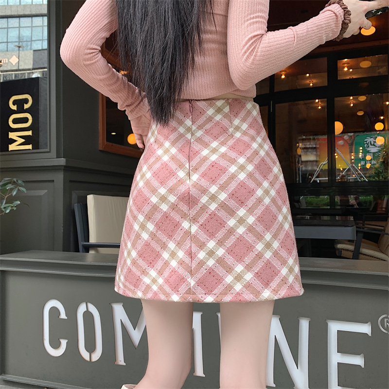 甜辣妹粉红色格子毛呢包臀半身裙女秋冬高腰显瘦A字格纹呢子短裙