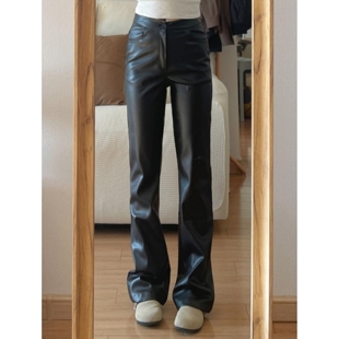 175高个子加长黑色直筒皮裤女高腰宽松显瘦窄版阔腿裤休闲拖地裤