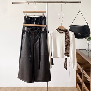 美拉德咖色pu皮裤七分裤女秋冬款高腰直筒休闲裤小个子阔腿八分裤