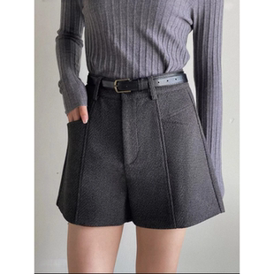2025秋冬毛呢短裤女通勤西装靴裤遮胯梨型大码胖MM阔腿五分A字裤