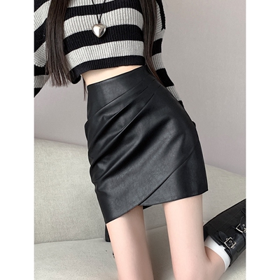 秋季新款高腰PU皮修身a字短裙子