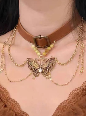 复古棕色皮质流苏蝴蝶项圈项链女