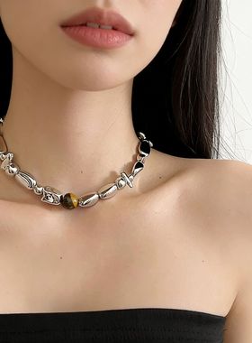 复古个性不规则异形金属虎石项链女小众冷淡风高级感锁骨毛衣链