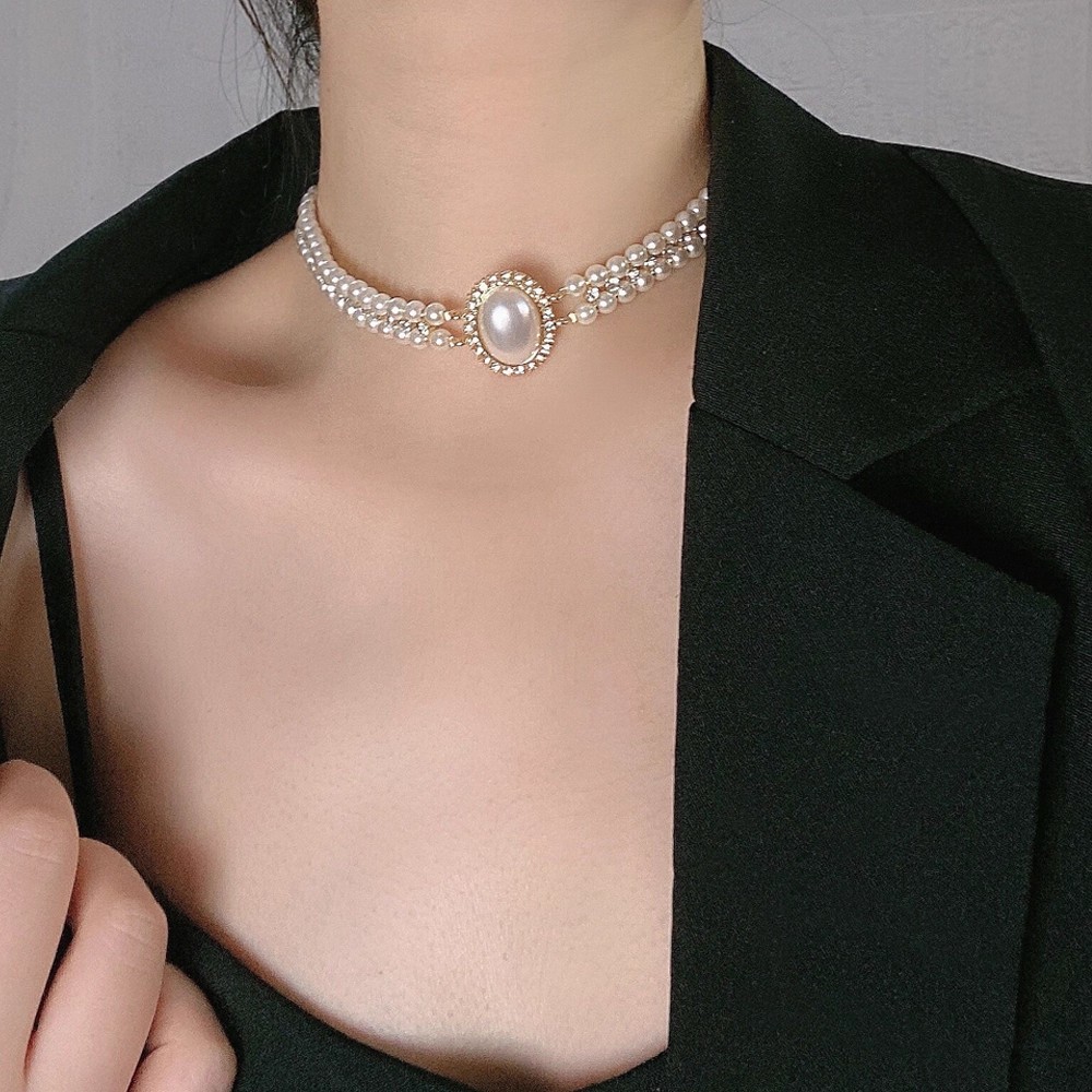 轻奢高档复古双层珍珠镶钻项链女