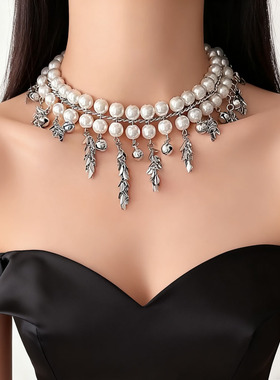 时髦甜酷双层珍珠流苏麦穗项链女