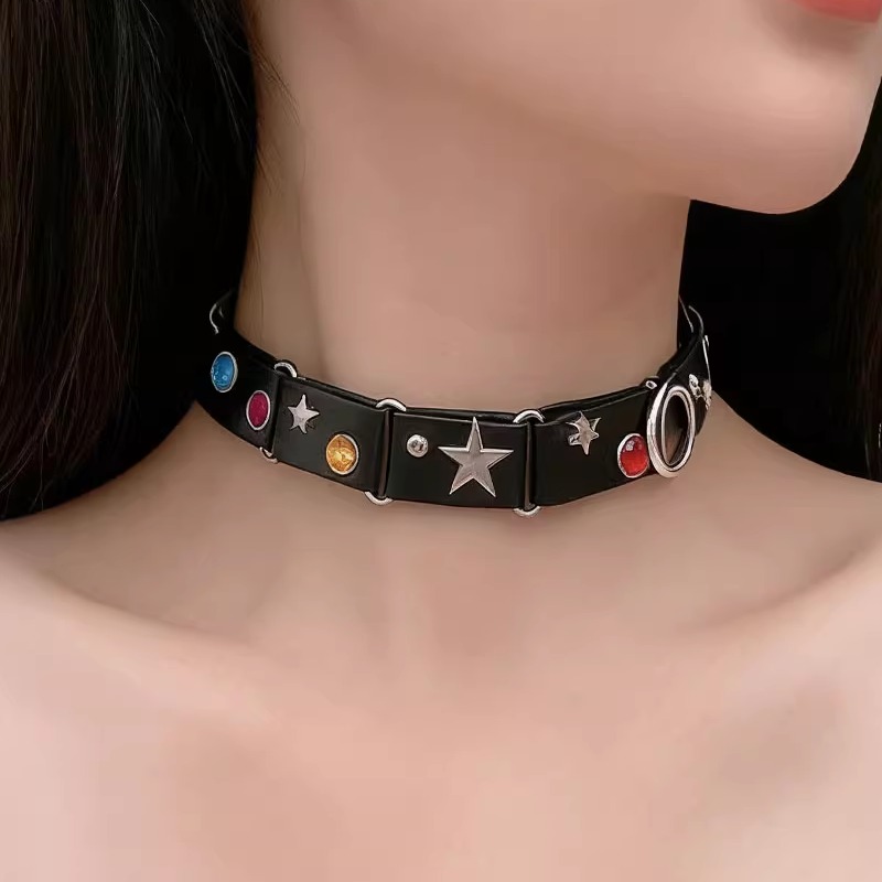黑色皮质彩钻铆钉项圈项链女