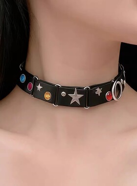 黑色皮质彩钻铆钉项圈项链女