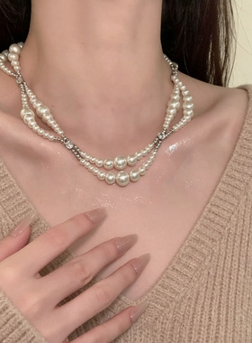 镶钻双层缠绕大小渐变珍珠项链女