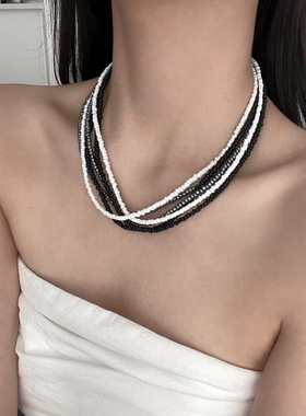 欧美夸张多层撞色米珠串珠项链女