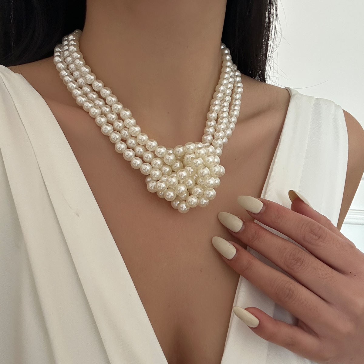 法式多层打结黑白拼色珍珠项链女
