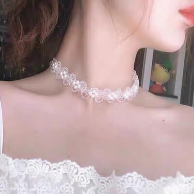 气质超仙白色蕾丝水晶珍珠项链女
