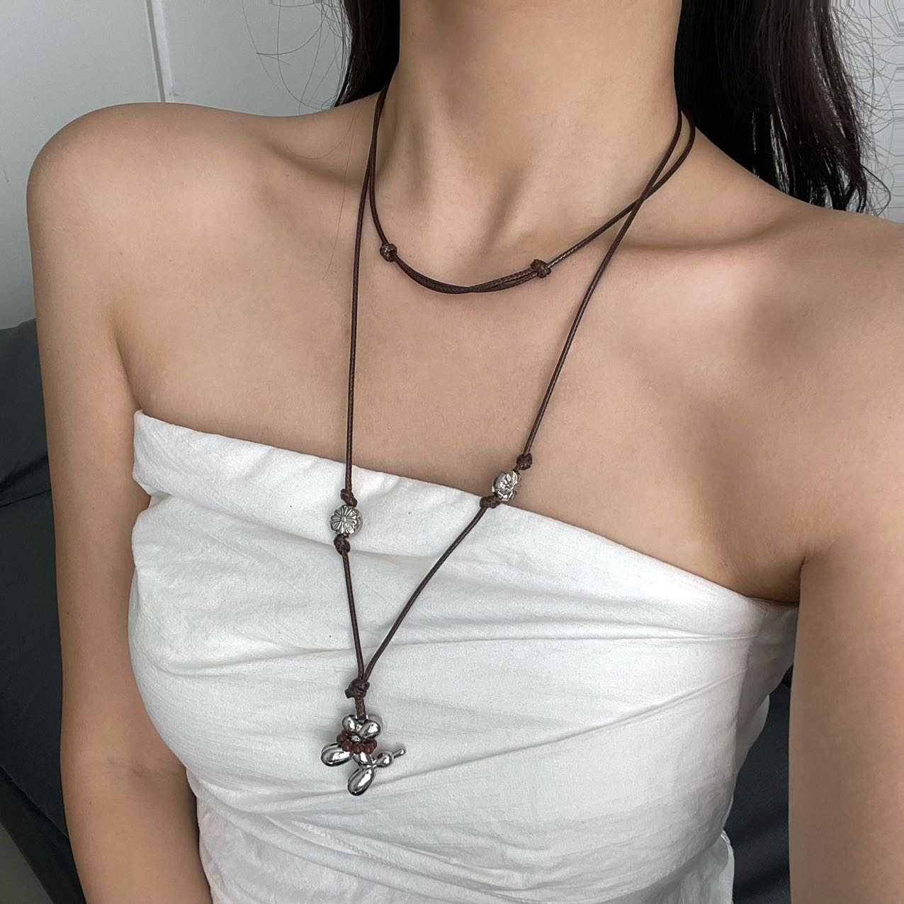 可调节编织绳气球小狗吊坠项链女