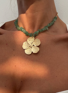 波西米亚碎石串珠金属花朵项链女