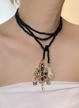 时尚黑尖晶串珠金属彩钻项链女