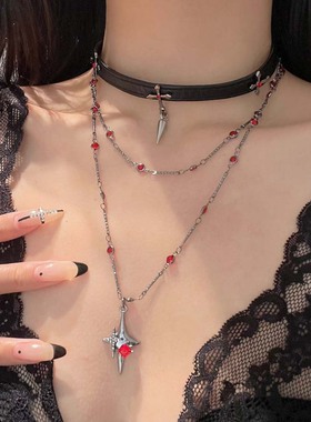 暗黑风皮质项圈铆钉十字架项链女