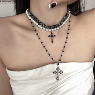 欧美复古撞色十字架珍珠项链女多层叠戴气质长款百搭毛衣链锁骨链