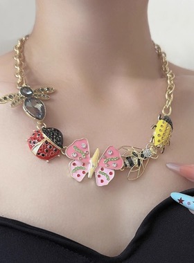 复古金属镶钻蝴蝶瓢虫昆虫项链女