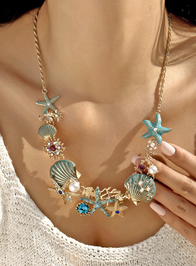波西米亚风海星贝壳珍珠项链女款