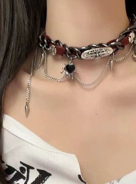 金属朋克缠绕铆钉流苏皮革项链女