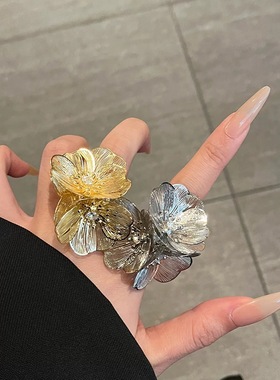 欧美金属浮夸鱼尾纹花朵闪钻开口戒指女时髦金属可调高级感指环