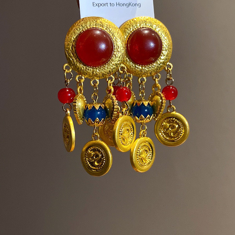 民族风复古流苏钱币耳环耳钉女款轻奢小众高级感红色宝石耳坠耳饰
