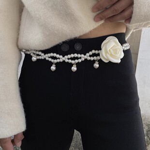 布艺山茶花珍珠编织腰链腰带配饰串珠身体链连衣裙链子牛仔裤ins